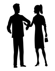 Couples in love silhouette. Man and woman standing together. Romantic black silhouette of loving pair boy and girl. Vector illustration