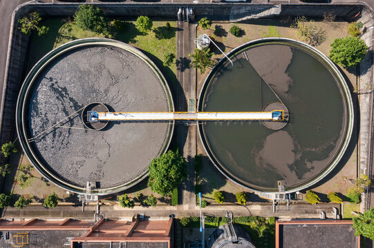 Aerial View of Wastewater Treatment Facility with Circular Tanks