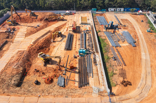 Construction Site Foundation Work with Steel Reinforcement Setup