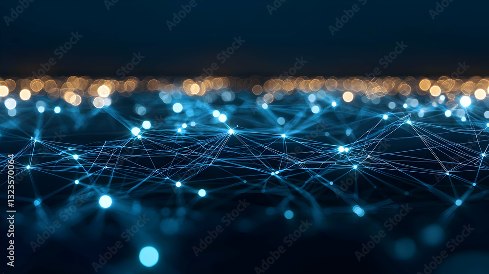 Poster abstract digital network of luminous blue connected dots against a dark background with a golden hor