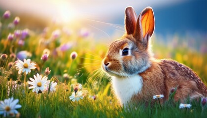 Fototapeta premium easter bunny illustration vivid meadow background blurred posterquality wallpaper a rabbit sitting in a field of grass and flowers
