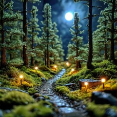 A tiny forest with glowing path and small trees surrounded by moss. Generated AI