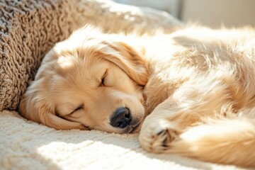 Soft Serenity Golden Retriever Puppy Embracing Mindful Rest on Textured Linen - Wellness Lifestyle and Pet Comfort Trend in Minimalist Home Decor
