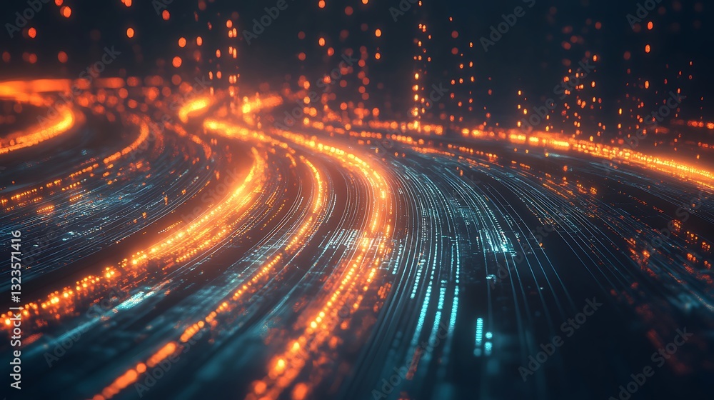 Poster abstract data stream: futuristic orange and blue light trails visualizing big data and digital infor