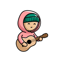Cute Cartoon Character Playing Guitar with Pink Hoodie and Green Beanie