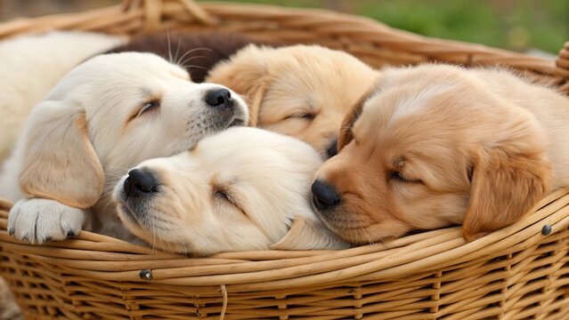 Group of fluffy puppy siblings of different colors, napping together in a cozy basket