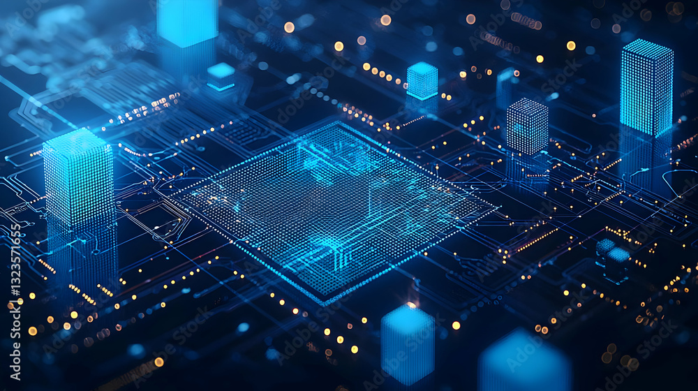Poster abstract blue circuit board design with digital data processing and modern technology