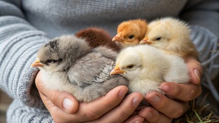 Close-up of multi-colored fluffy baby chicks nestled securely in cupped human hands