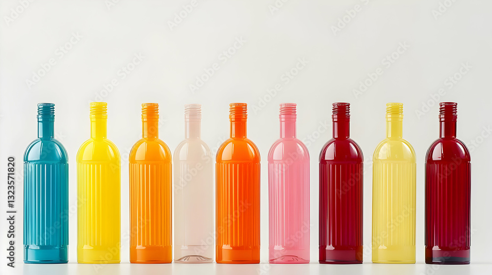 Poster row of colorful empty glass bottles in a spectrum against white background