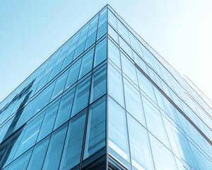Obraz premium Modern glass facade of an office building with reflections on a clear day