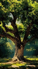 Fototapeta premium Majestic Oak Tree in Summer Sunlight: A Serene Landscape