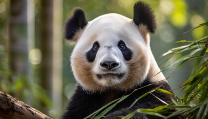 Fototapeta premium Retrato de la cabeza de un oso panda sobre un fondo verde de un bosque de bambú en el dia mundial del oso panda