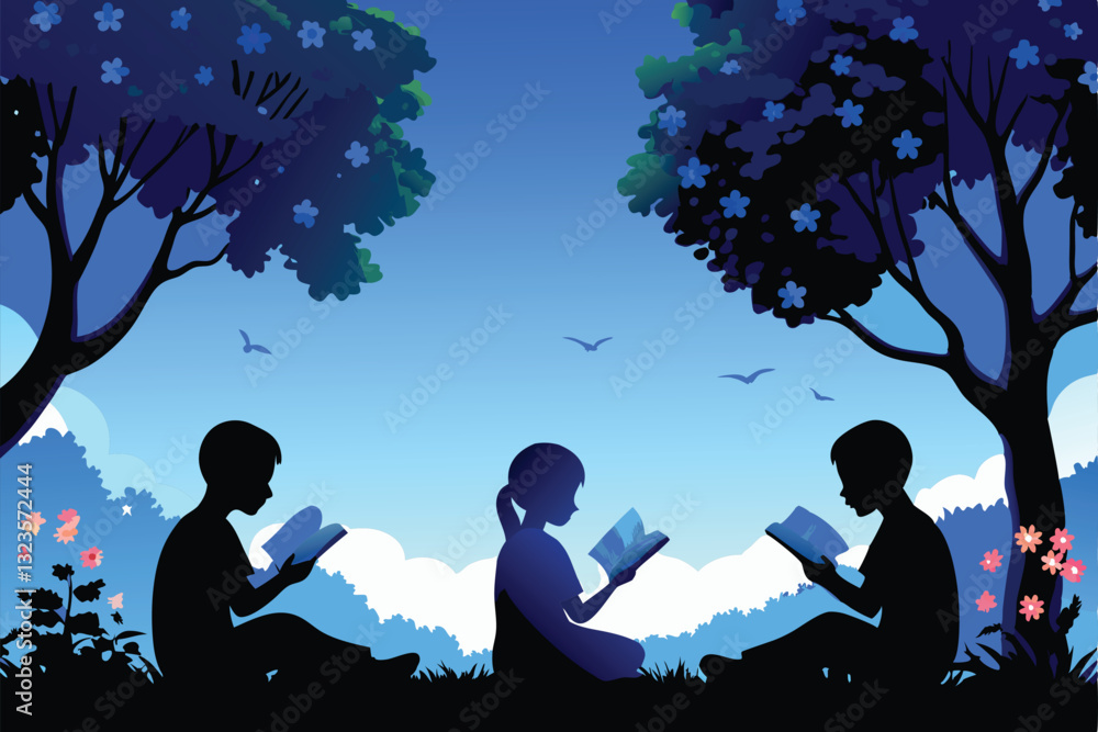 Poster create a vibrant, illustrated vector background depicting diverse students engrossed in reading book