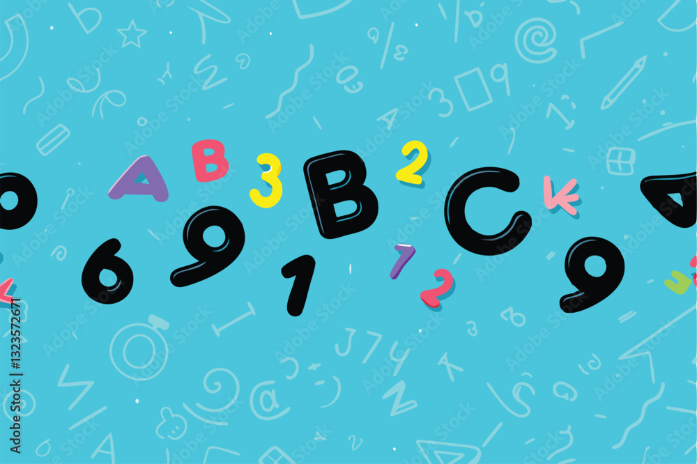 Poster create a vibrant, illustrated vector background featuring scattered alphabet letters in various font