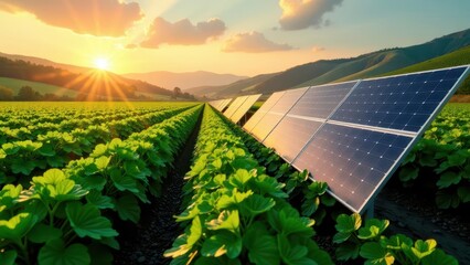Serene Sunset over a Lush Green Field with Solar Panels Generating Clean Energy