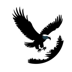Obraz premium Majestic Eagle Silhouette with Forest Landscape for Artistic Design and Decor