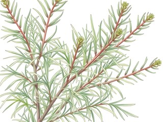 Detailed illustration of a Rosemary Plant with green leaves and red stems, plant, herb, botanical art