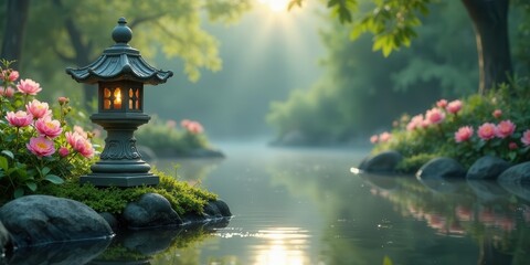 Obraz premium Serene Illuminated Stone Lantern Beside Tranquil Water and Blooming Flowers in a Misty Garden at Dawn