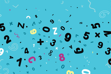 Create a vibrant, illustrated vector background featuring a whimsical scattering of alphabet letters,  with a playful, slightly chaotic arrangement.  Focus on bright, contrasting colors.