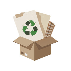 Recycling Symbol on Cardboard Box with Papers for Eco-Friendly Concept Art