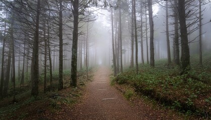 Fototapeta premium deserted path in a forest covered in fog