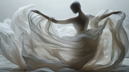 A figure in flowing white fabric, bathed in soft light. Ethereal and graceful.