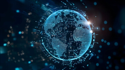 Obraz premium Abstract Blue Digital Globe With Glowing Light and Network Connections on Dark Background
