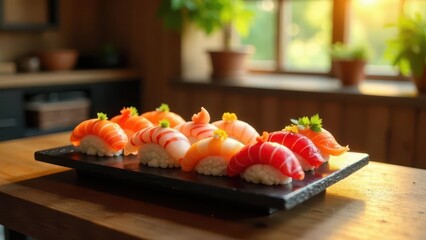Delicious Assortment of Fresh Sushi on a Dark Stone Platter, Illuminated by Warm Sunlight in a Rustic Setting