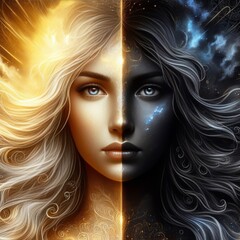Fototapeta premium Inner Light and Dark Duality: Metaphorical Girl Portrait Harmony 
