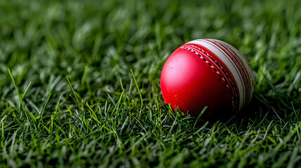 Red Cricket Ball Resting on Lush Green Grass Outdoors in Daylight