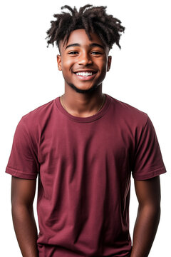 Cheerful, young African American teenage boy or high school student with short curly dreadlocks wearing a maroon t-shirt and smiling, isolated on a transparent background, cut out