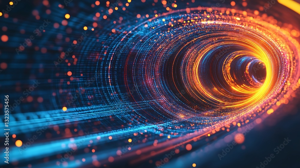 Poster abstract data tunnel: blue and orange glowing particles in digital information stream visualization.