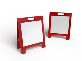 Realistic 3D plastic standing folding sandwich board mockup. Blank portable template vertical placard sign for welcome sign, greeting, banner, events, ads, showcase, sidewalk or caution sign