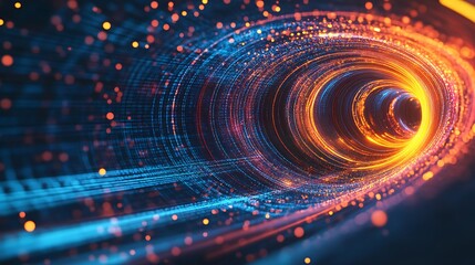 Obraz premium Abstract Data Tunnel: Blue and Orange Glowing Particles in Digital Information Stream Visualization.