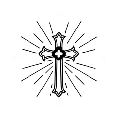 Ornate Christian Cross with Radiant Lines Vector Illustration