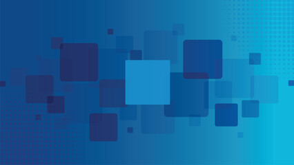Dynamic Abstract Technology Background with Overlapping Geometric Squares, Halftone Pattern, and Gradient Blue Tones for Modern Digital Design, Innovation, and Corporate Branding Applications