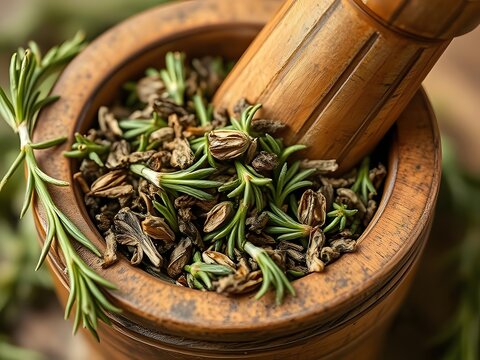 Close-up of a wooden mortar and pestle with fresh herbs and seeds. Herbs and spices for cooking.