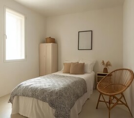 Bright Minimalist Bedroom Interior Design with Geometric Duvet and Wicker Chair