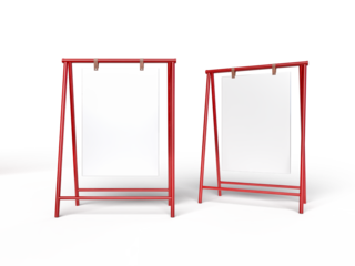 3D standing display mockup with metal base and leather. Blank template vertical info placard sign holder stand for presentation poster, information, promotion, banner, ads, products or exhibition