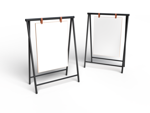 3D standing display mockup with metal base and leather. Blank template vertical info placard sign holder stand for presentation poster, information, promotion, banner, ads, products or exhibition