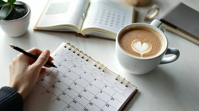 Calendar filled with meetings and a coffee spill on the page