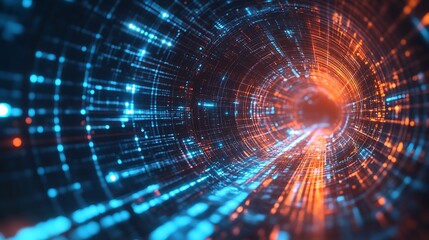Obraz premium Abstract Data Tunnel: Exploring Digital Connectivity, Futuristic Technology, and Artificial Intelligence with Vibrant Orange and Blue Lights.