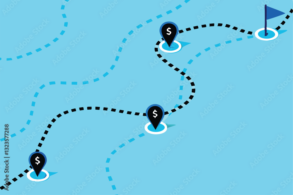 Poster create a minimalistic financial roadmap illustration featuring dotted lines connecting key financial
