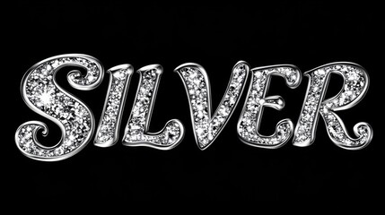 Sparkling silver diamond text effect on a black background, luxurious design element.