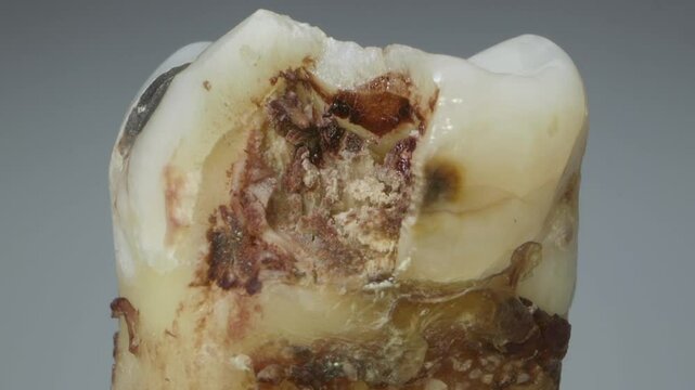 Fractured molar tooth that has been extract from a human adult male. Showing decay and severe damage of tooth, pulp, enamel, buckle and crown. Probe lens macro. Extreme closeup.