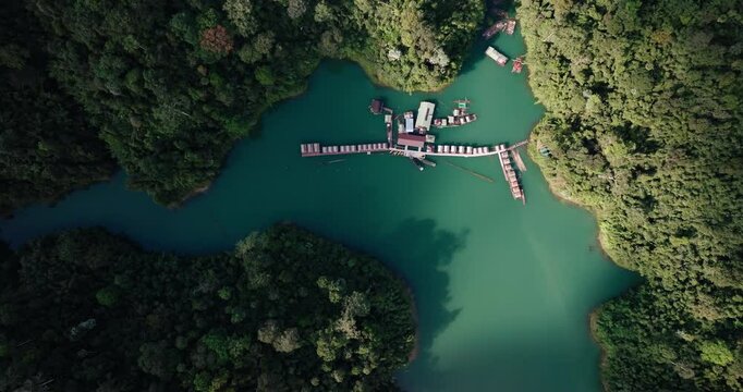 Rafthouses Accommodations At Khao Sok National Park In Thailand. Aerial Topdown Shot