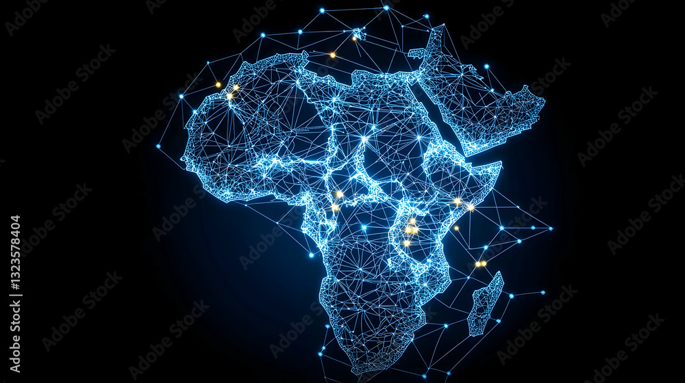 Poster blue digital map of africa depicting a global network connection with illuminated lines and dots aga