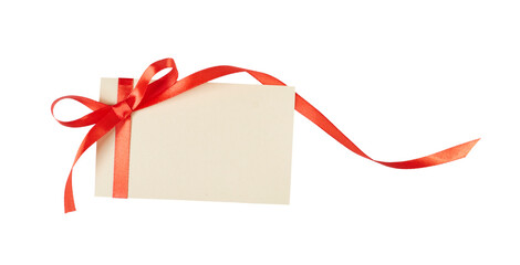 blank christmas gift card with red ribbon bow isolated on white or transparent png
