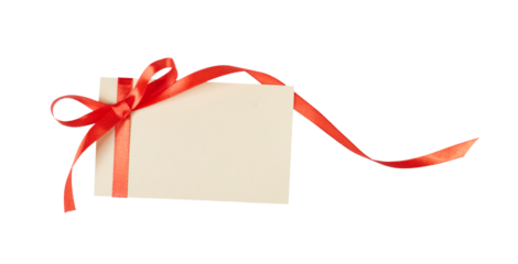 blank christmas gift card with red ribbon bow isolated on white or transparent png
