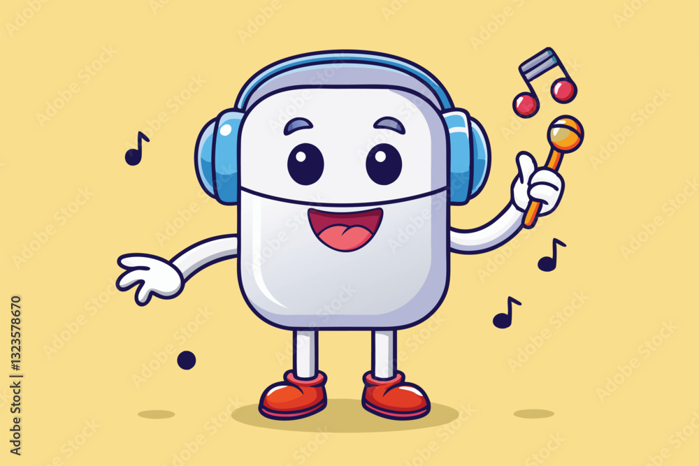 Poster cheerful cartoon character with headphones dancing joyfully on bright yellow background with musical